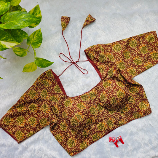 Green and Maroon Cotton Kalamkari Blouse