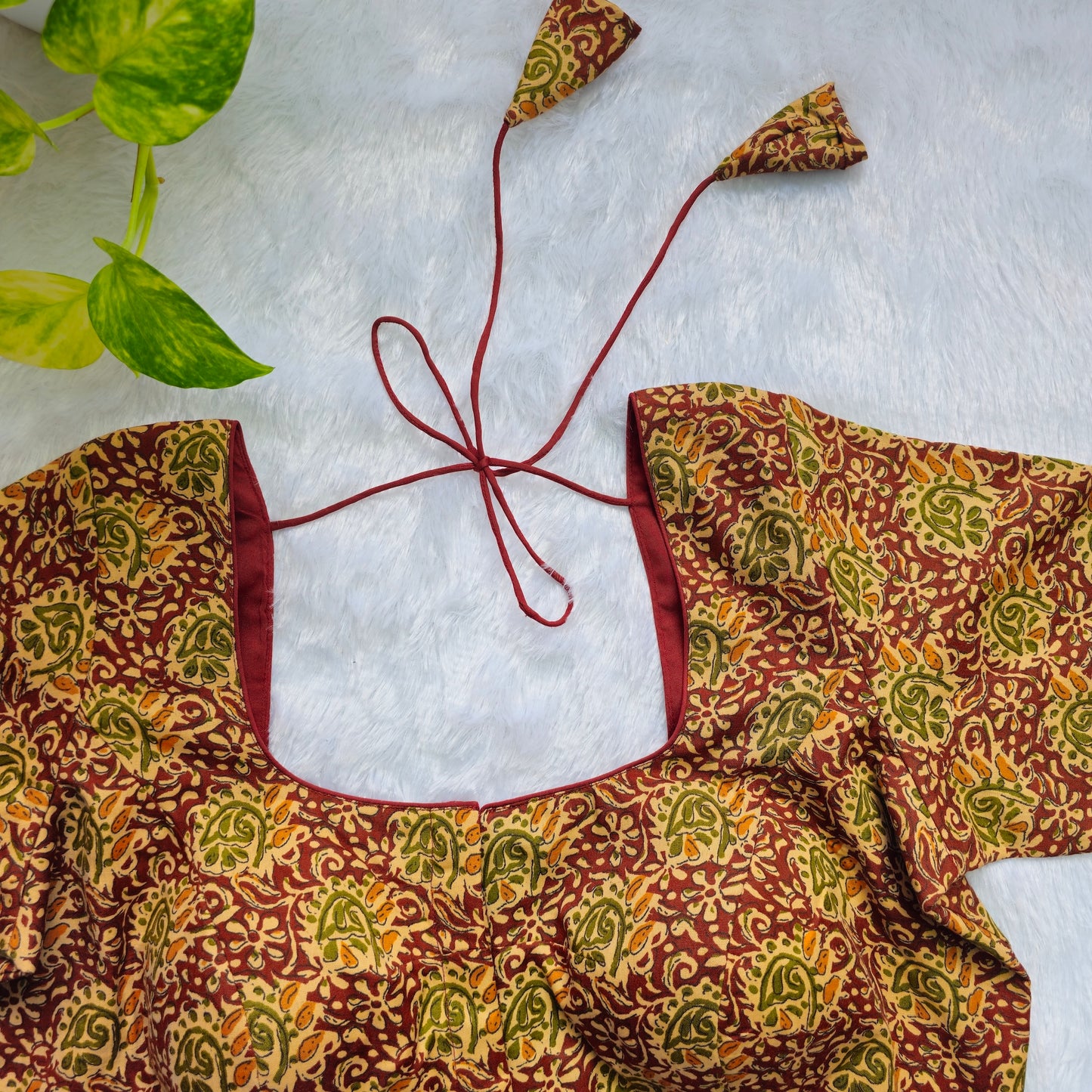 Green and Maroon Cotton Kalamkari Blouse