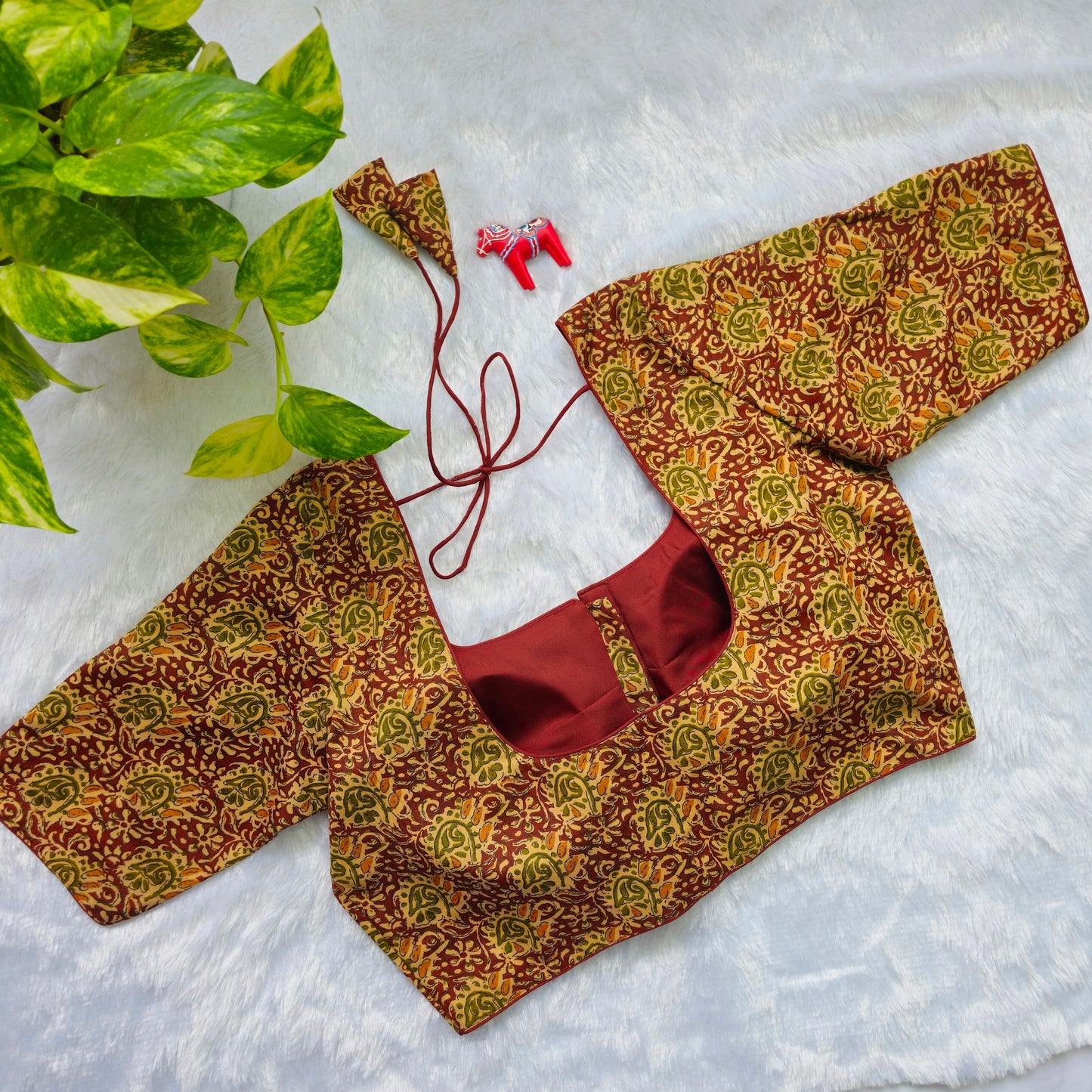 Green and Maroon Cotton Kalamkari Blouse
