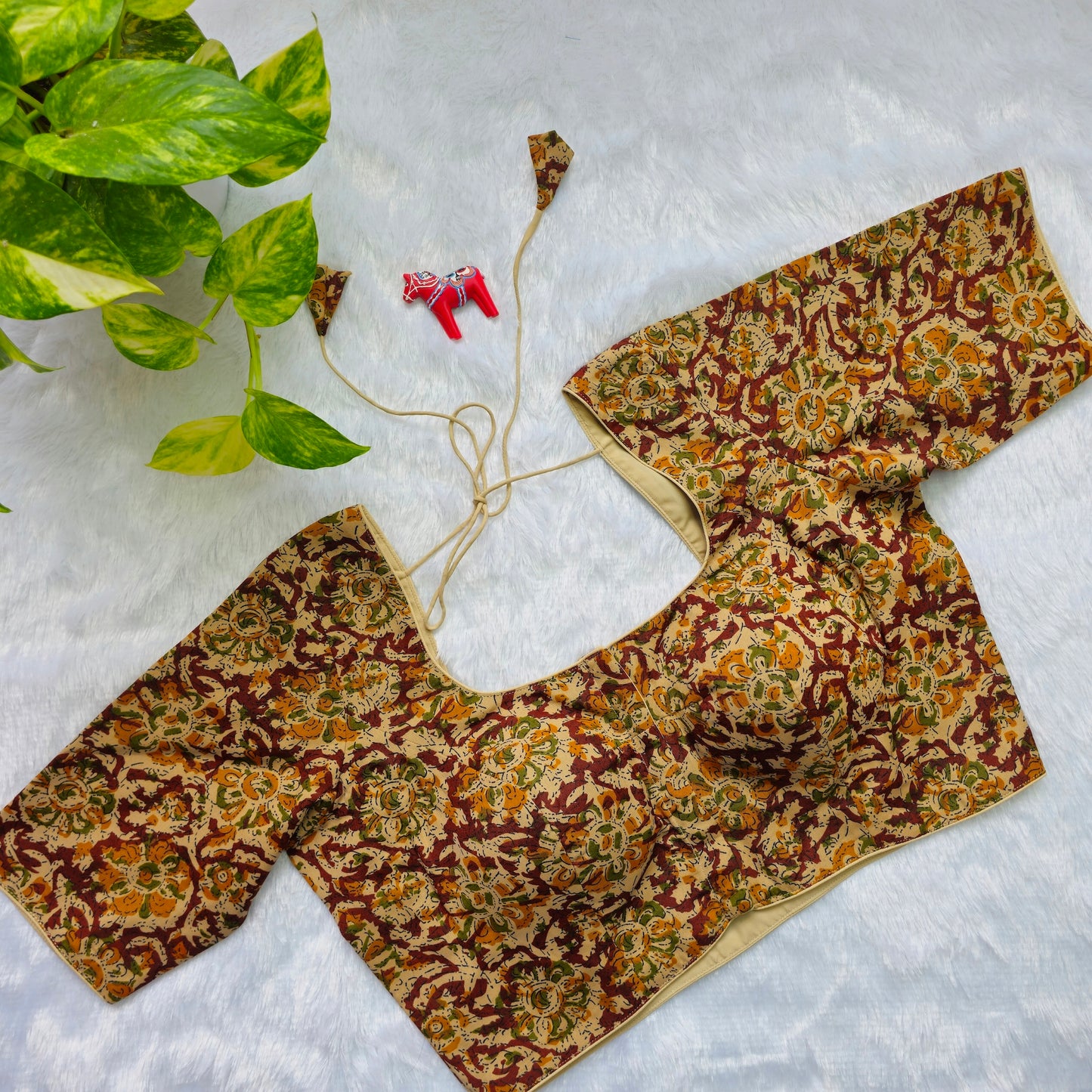 Beige and Maroon Cotton Kalamkari Blouse