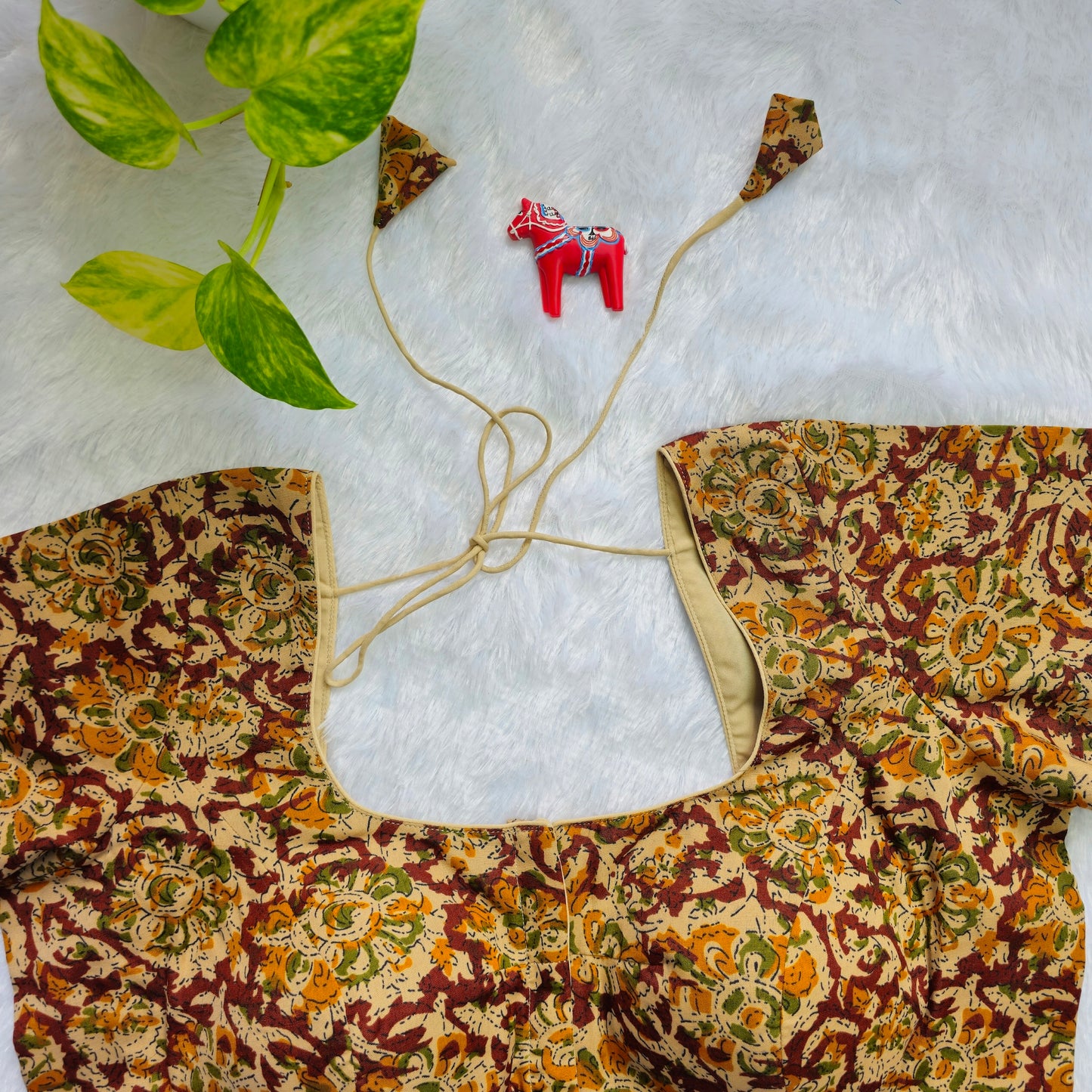 Beige and Maroon Cotton Kalamkari Blouse