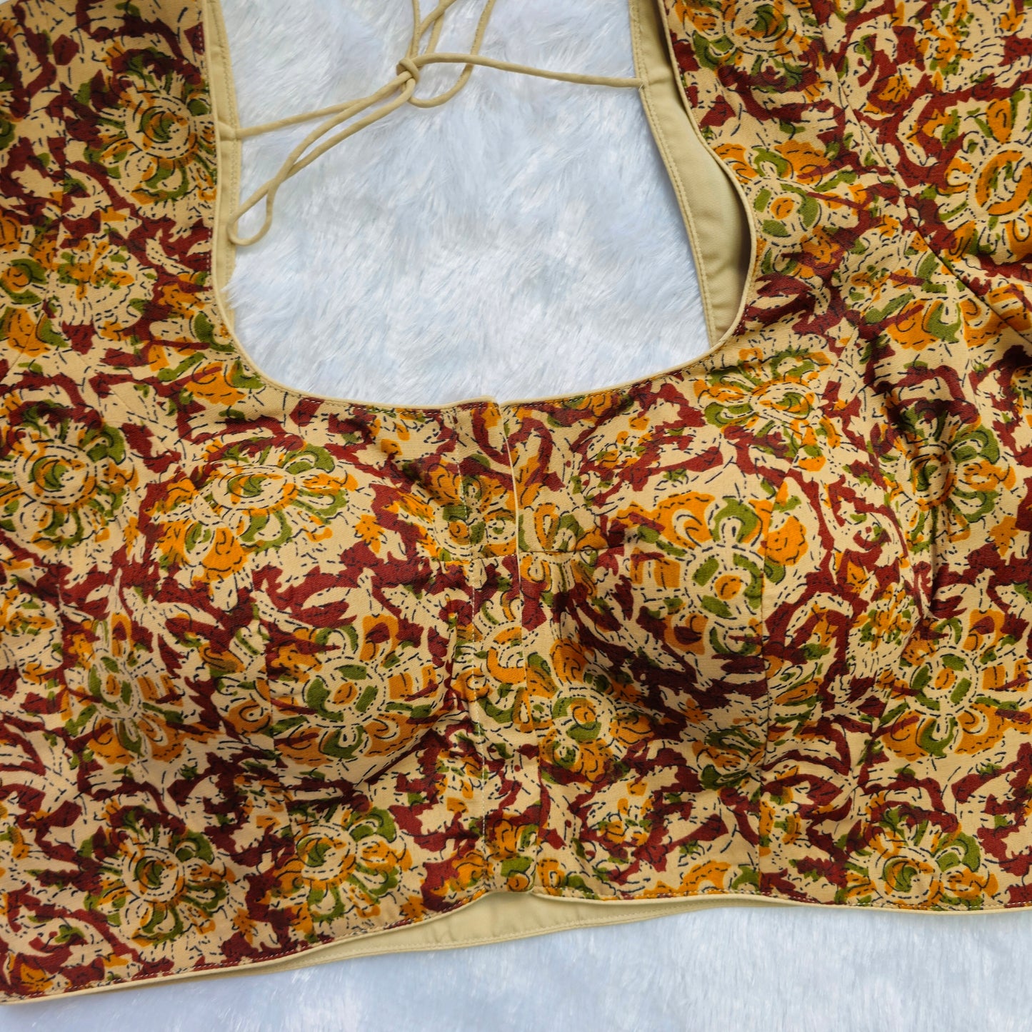 Beige and Maroon Cotton Kalamkari Blouse