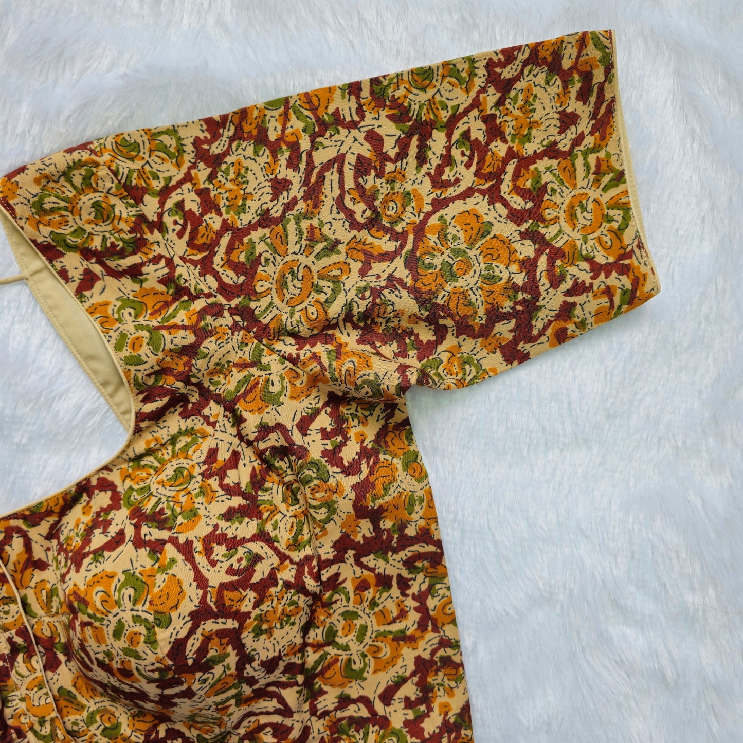 Beige and Maroon Cotton Kalamkari Blouse
