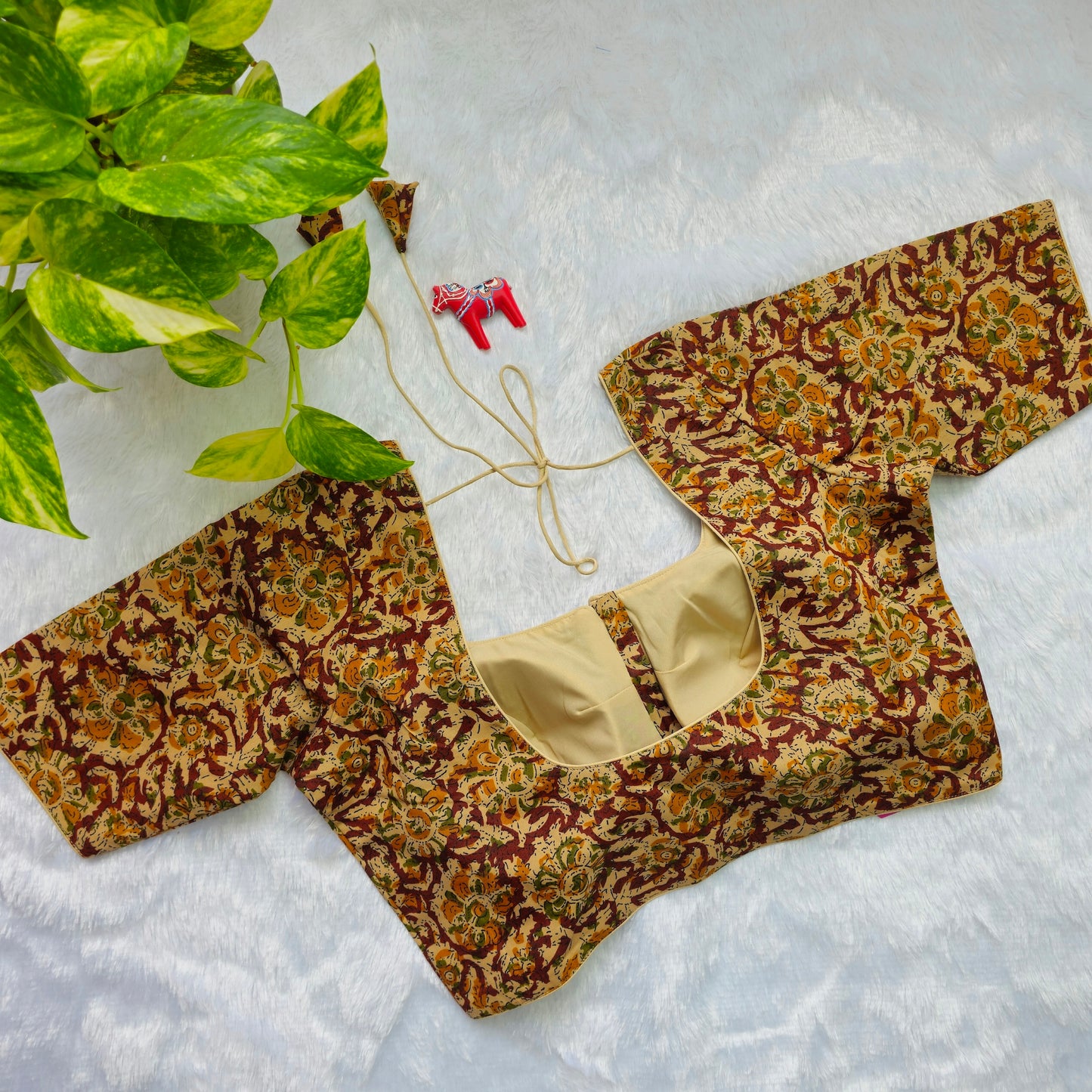 Beige and Maroon Cotton Kalamkari Blouse