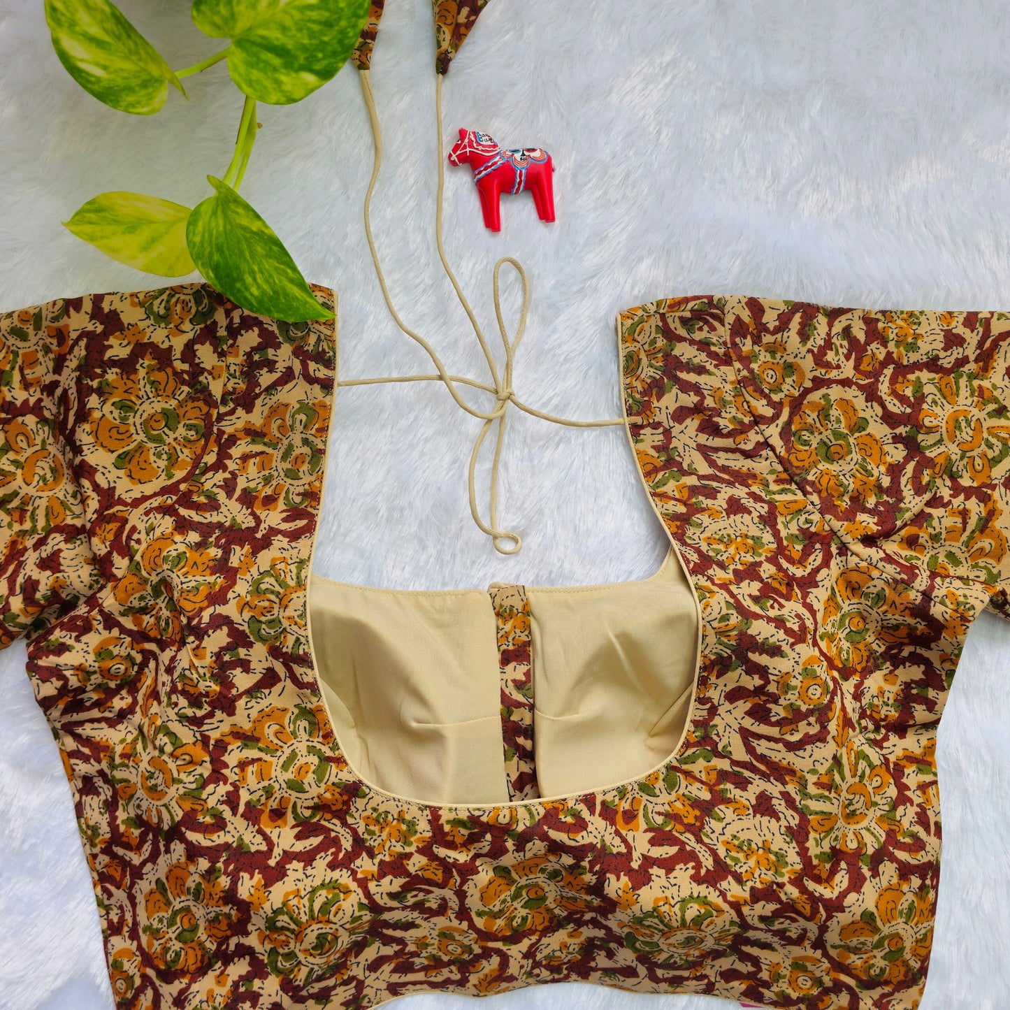 Beige and Maroon Cotton Kalamkari Blouse