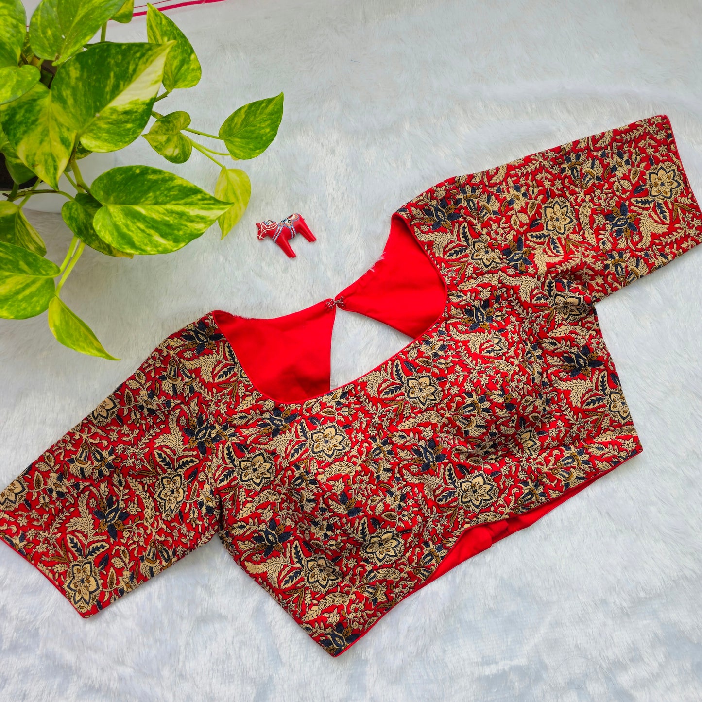 Red and Blue Cotton Kalamkari Blouse