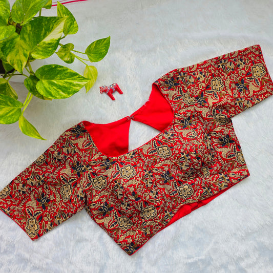 Red and Blue Cotton Kalamkari Blouse