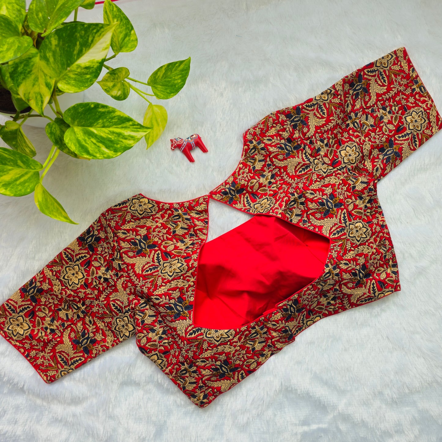 Red and Blue Cotton Kalamkari Blouse