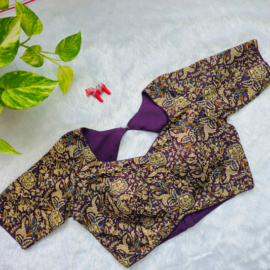 Purple and Yellow Cotton Kalamkari Blouse
