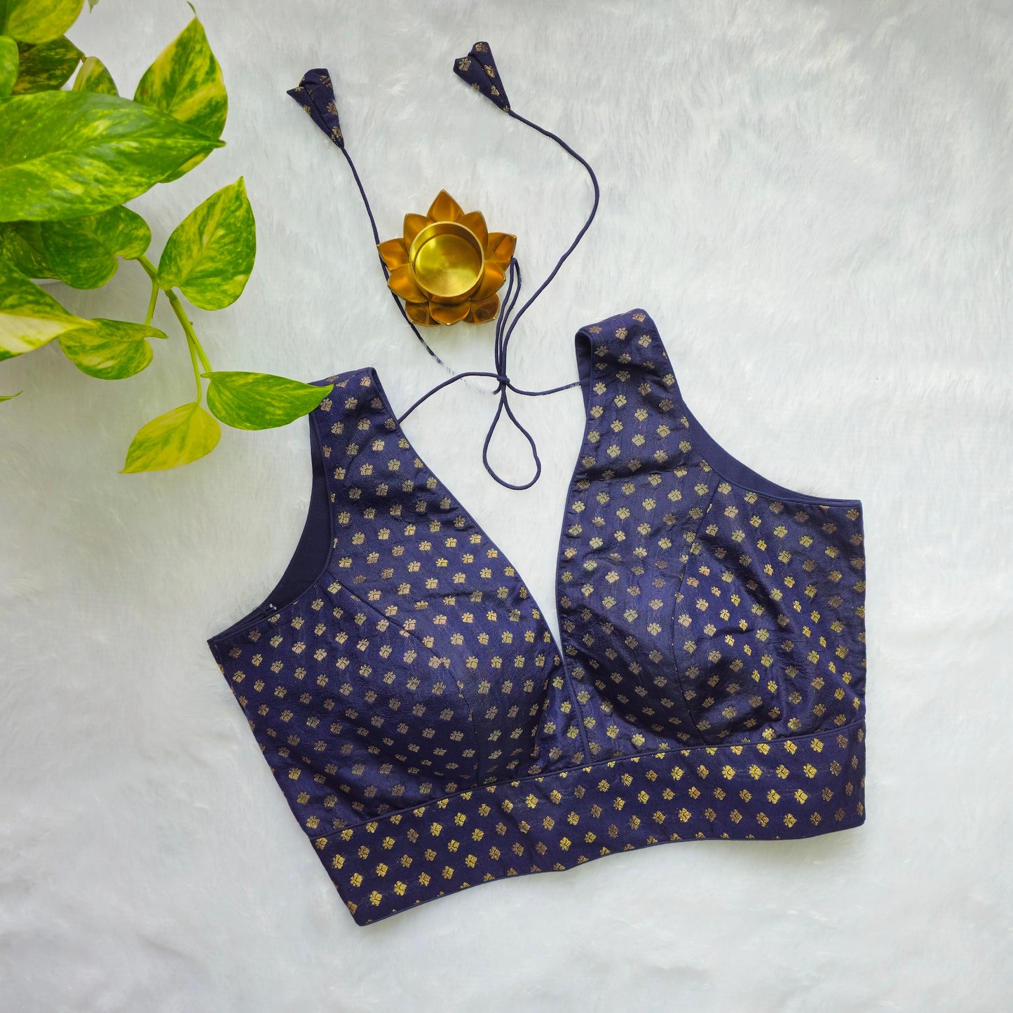 Navy Blue Butta Brocade Sleeveless Blouse (Attachable sleeves)