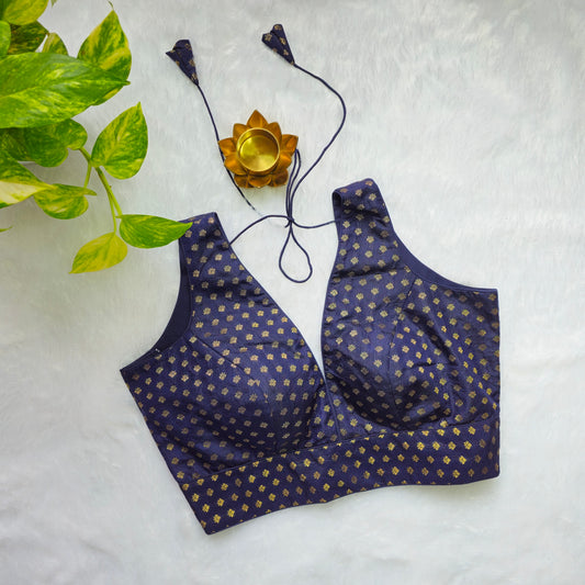 Navy Blue Butta Brocade Sleeveless Blouse (Attachable sleeves)