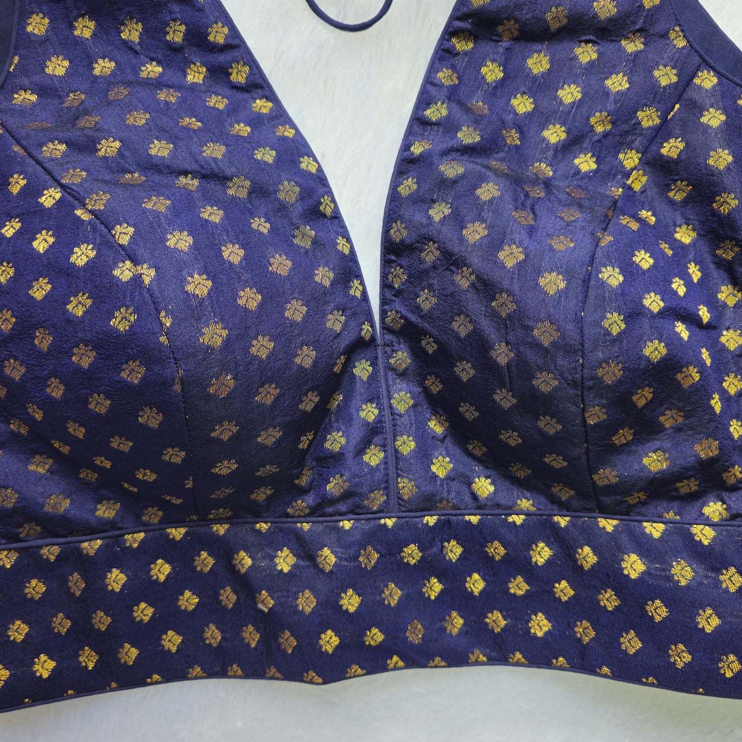 Navy Blue Butta Brocade Sleeveless Blouse (Attachable sleeves)