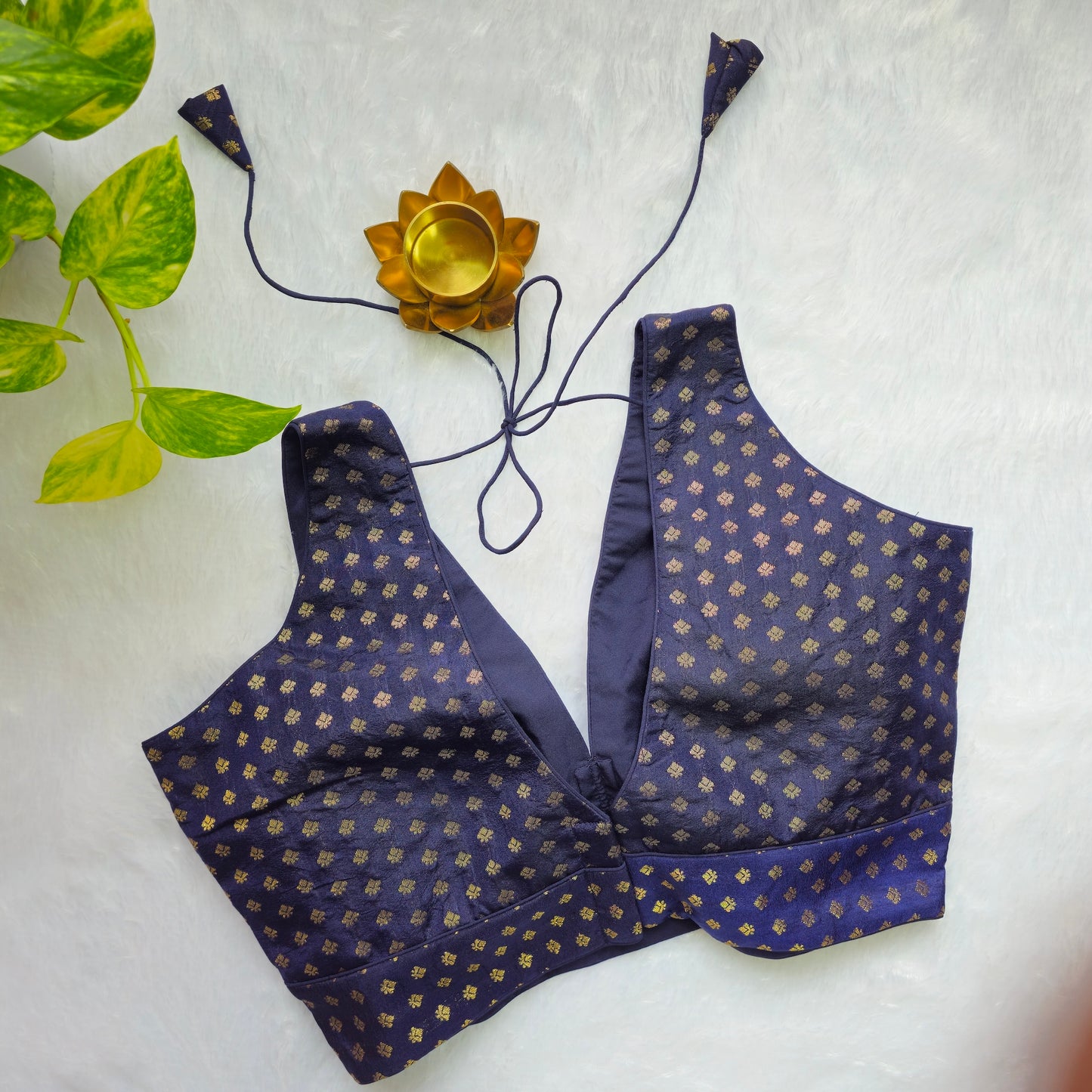 Navy Blue Butta Brocade Sleeveless Blouse (Attachable sleeves)