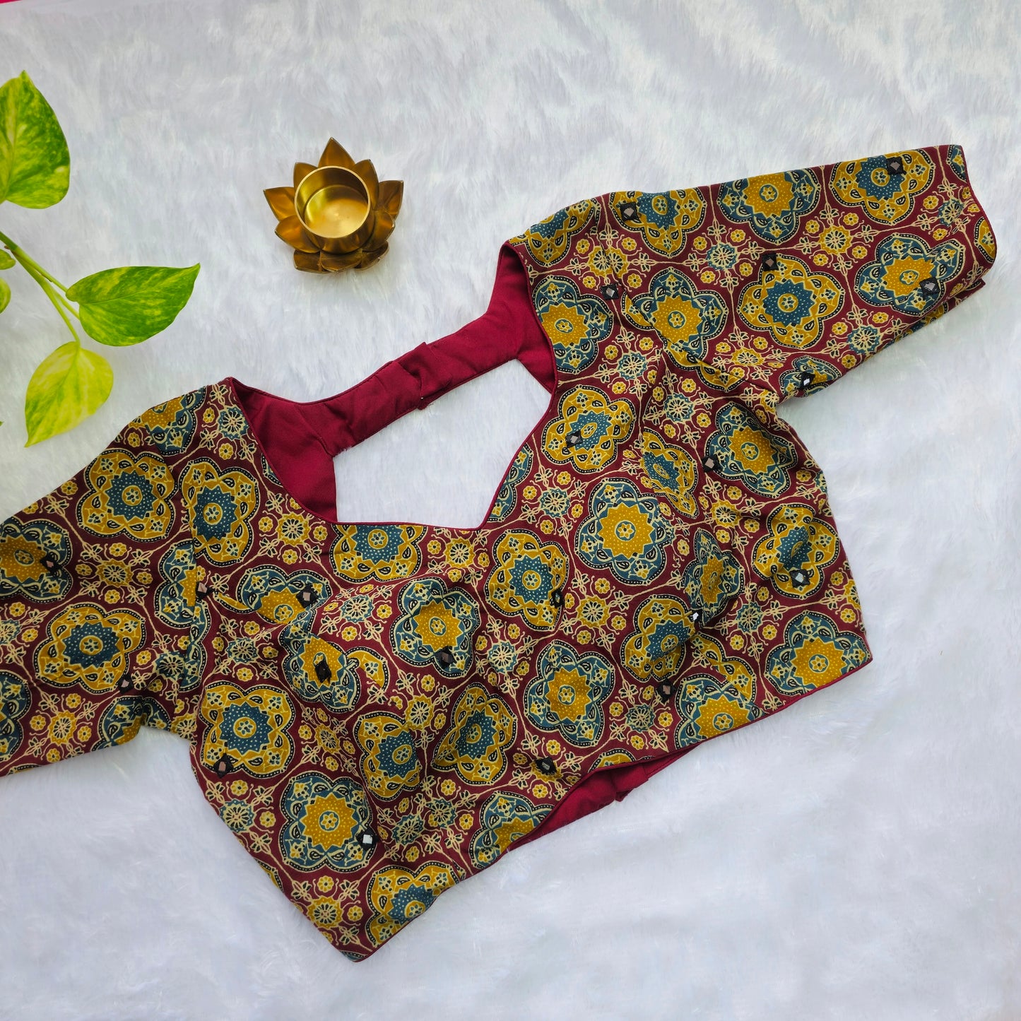 Maroon and Mehendi Green Cotton Kalamkari Blouse