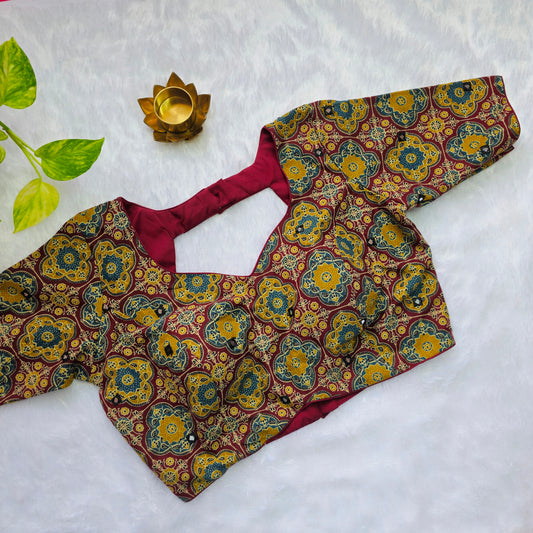 Maroon and Mehendi Green Cotton Kalamkari Blouse