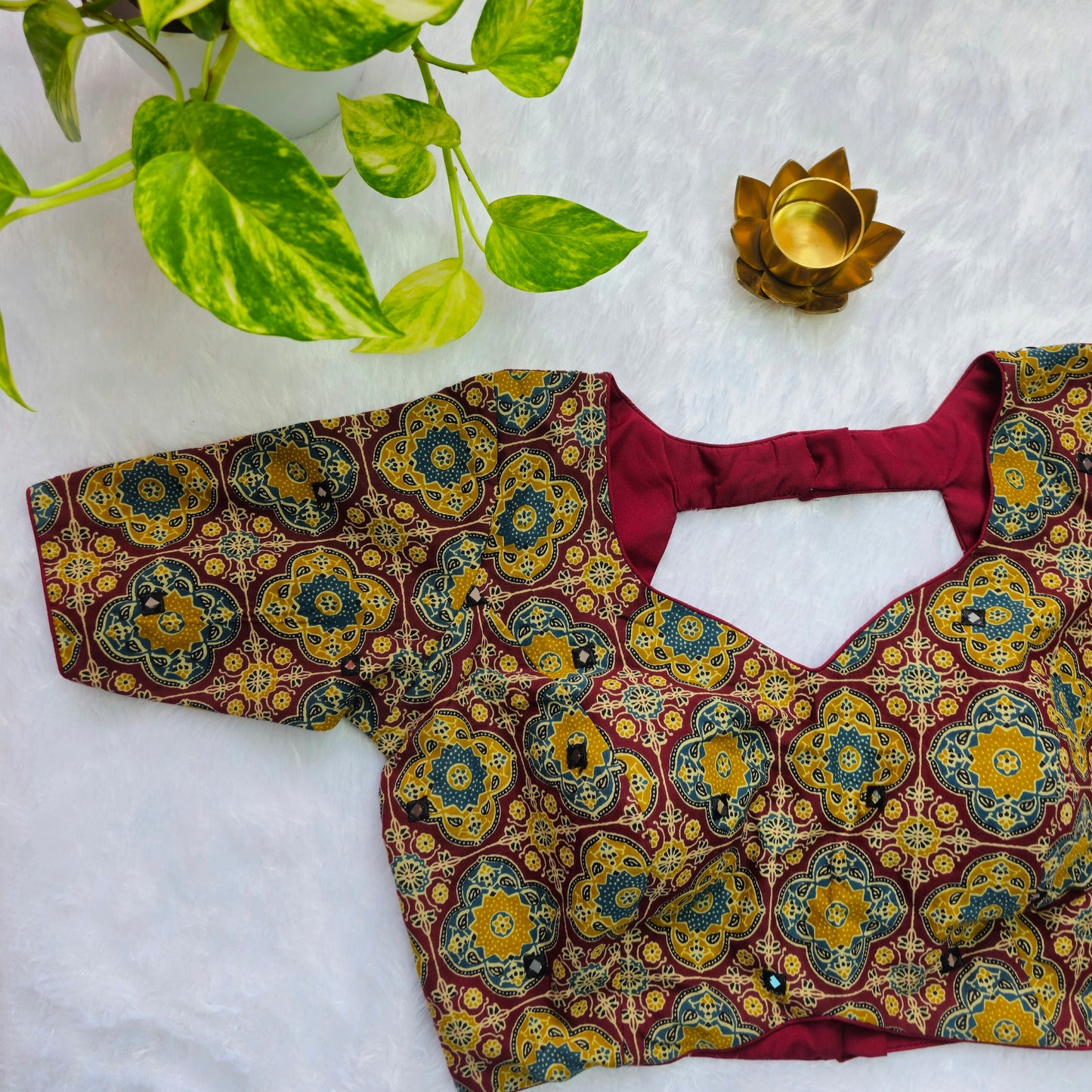 Maroon and Mehendi Green Cotton Kalamkari Blouse
