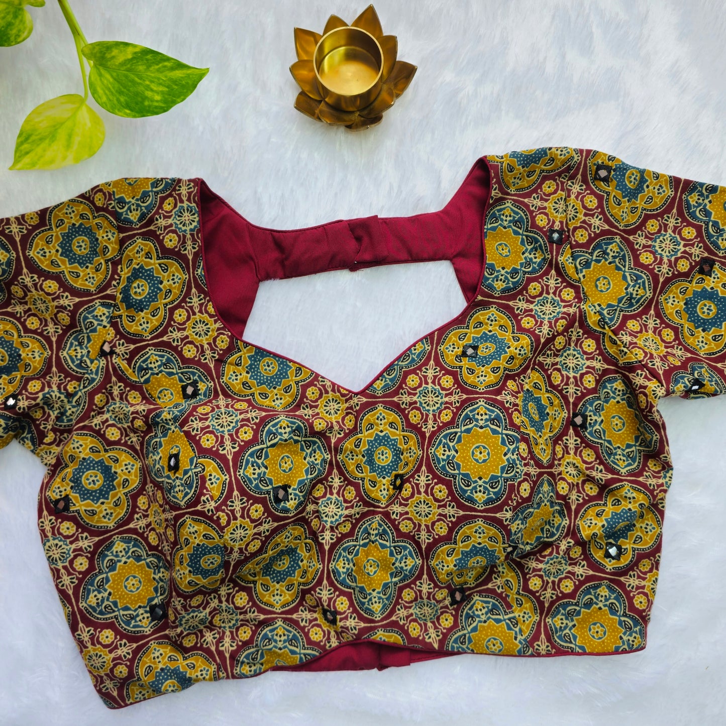 Maroon and Mehendi Green Cotton Kalamkari Blouse