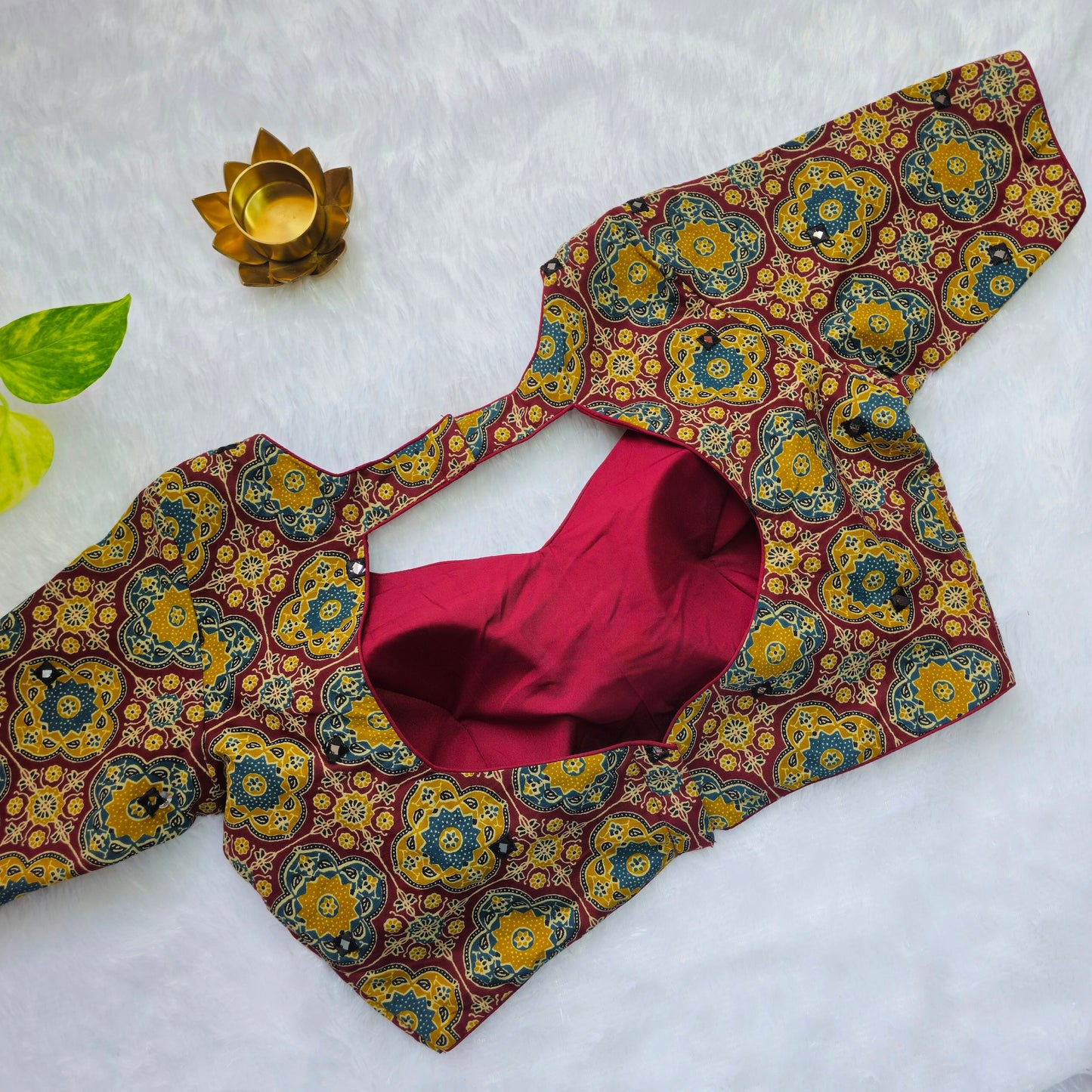Maroon and Mehendi Green Cotton Kalamkari Blouse