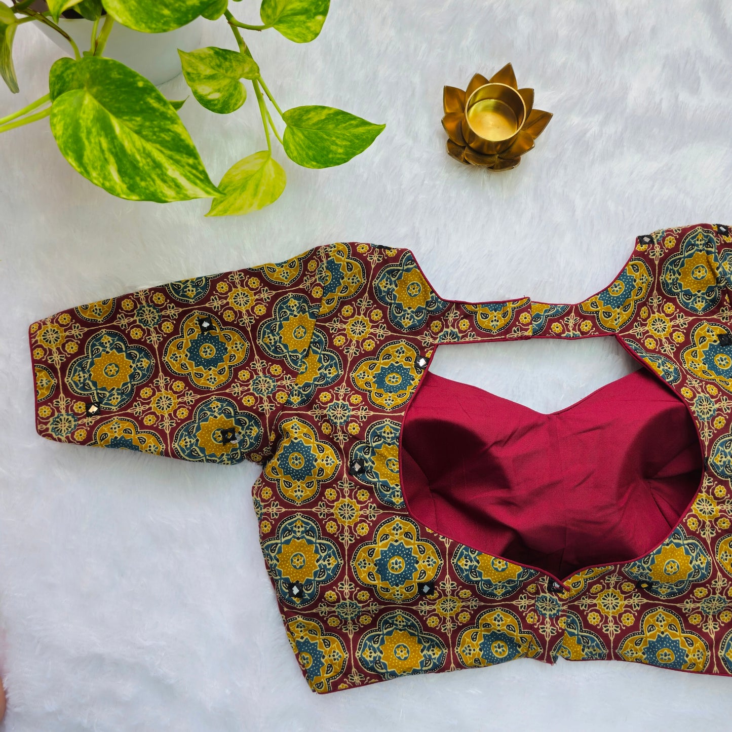 Maroon and Mehendi Green Cotton Kalamkari Blouse