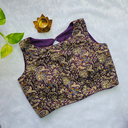 Purple Cotton Sleevless Kalamkari Blouse(Attachable Sleeves)