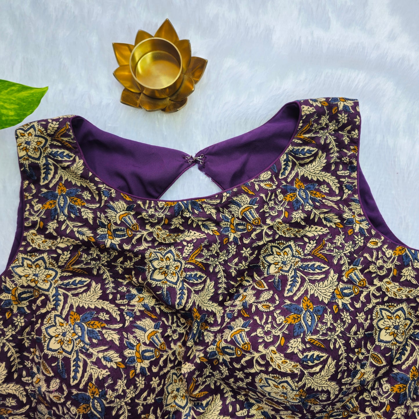 Purple Cotton Sleevless Kalamkari Blouse(Attachable Sleeves)
