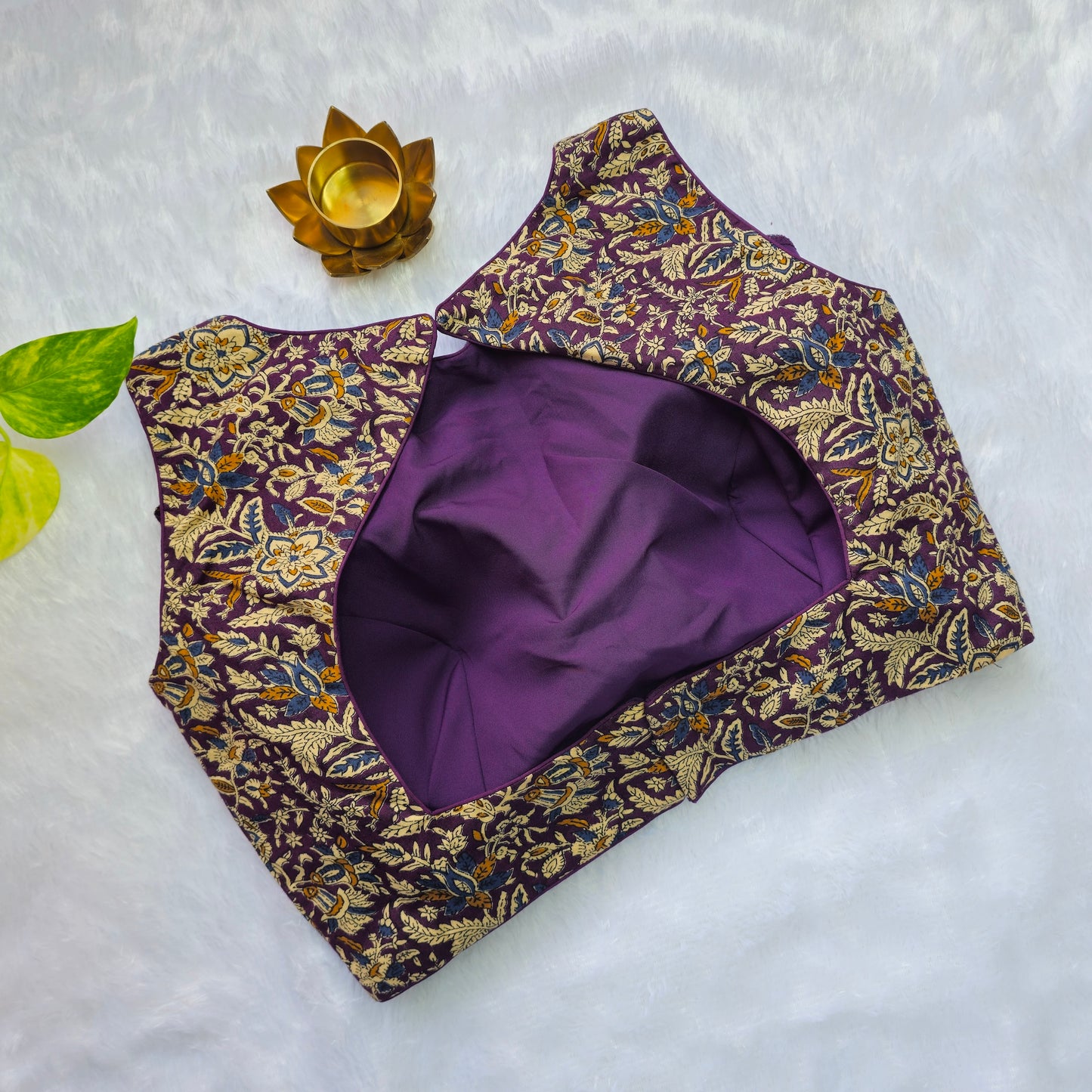 Purple Cotton Sleevless Kalamkari Blouse(Attachable Sleeves)