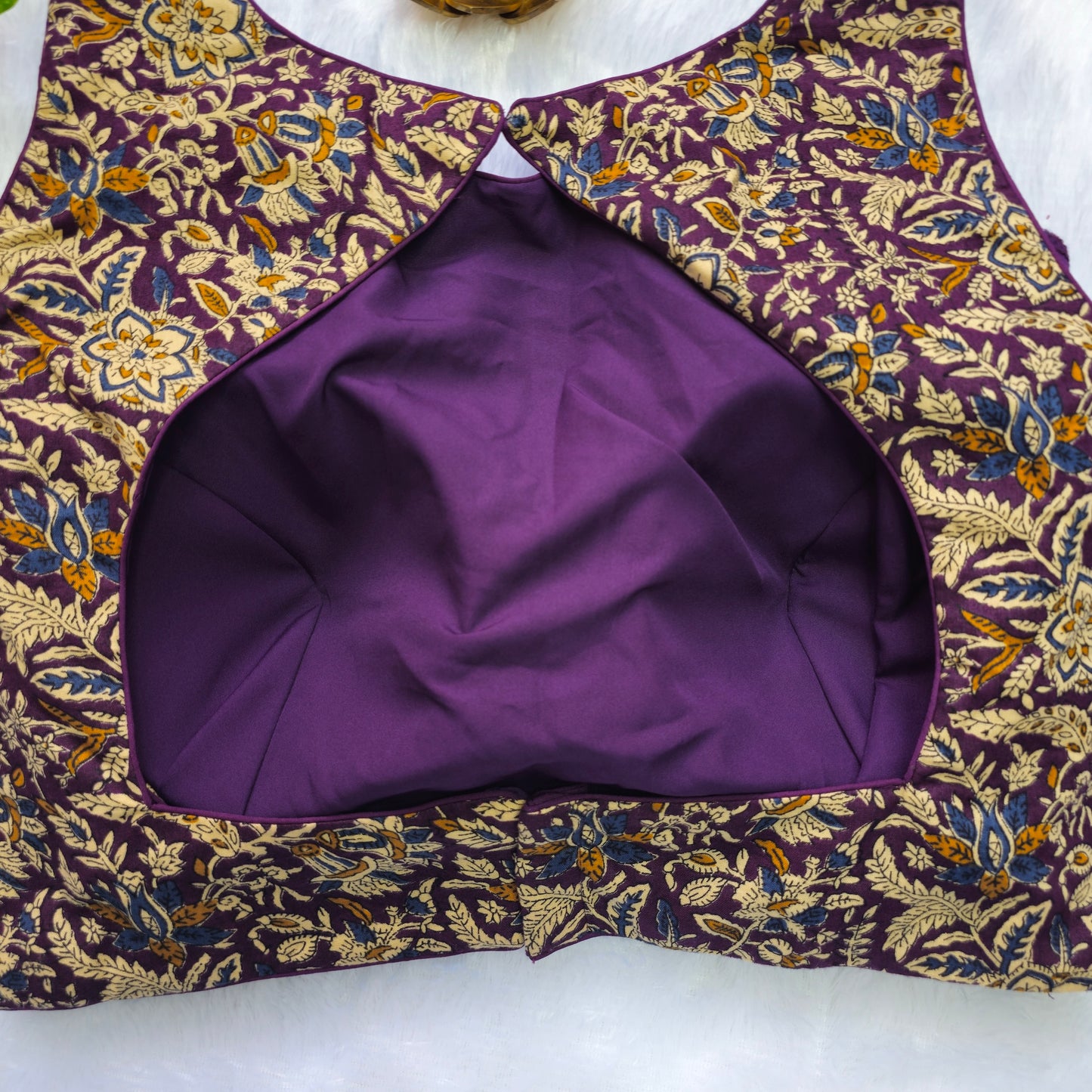 Purple Cotton Sleevless Kalamkari Blouse(Attachable Sleeves)