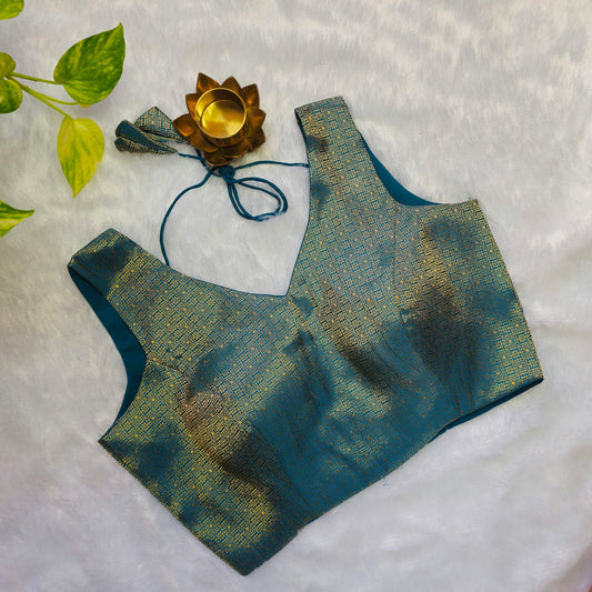 Turquoise With Gold Zari Brocade Sleeveless Blouse