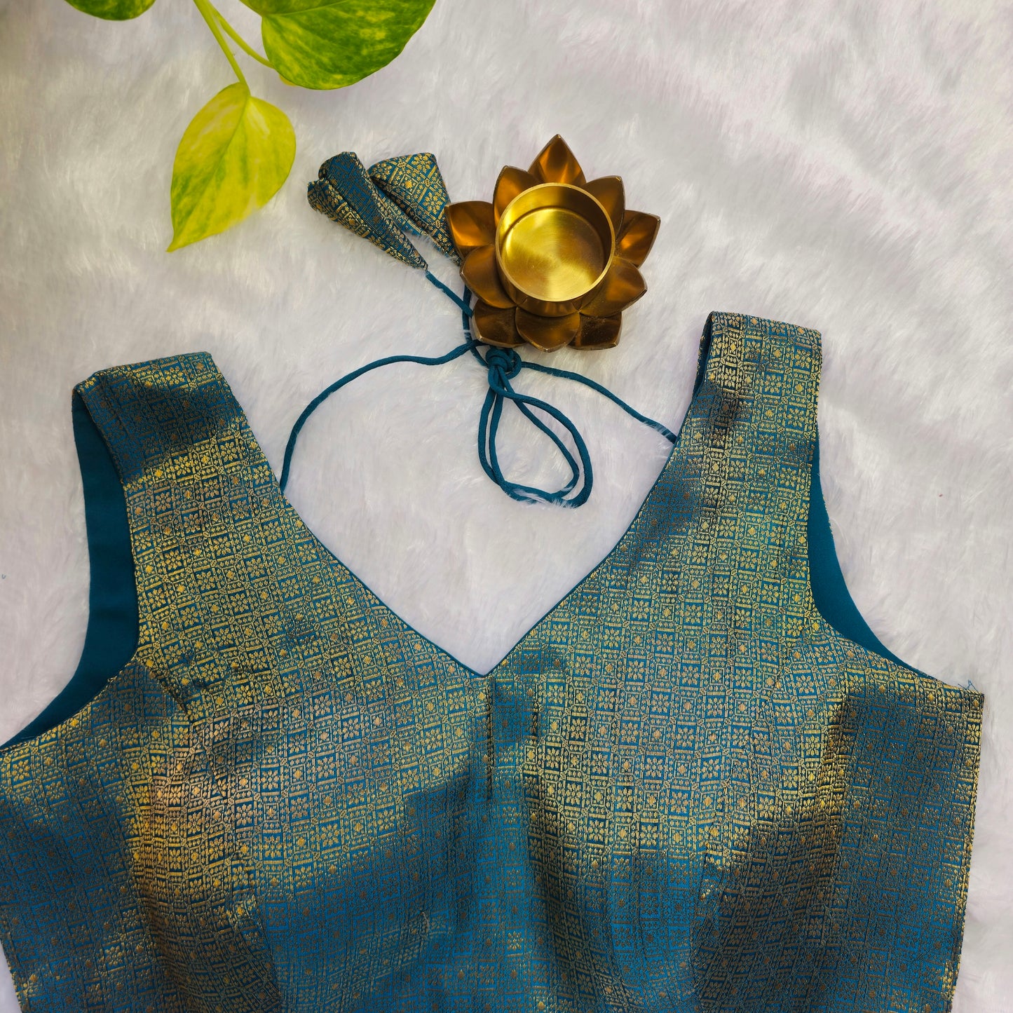 Turquoise With Gold Zari Brocade Sleeveless Blouse