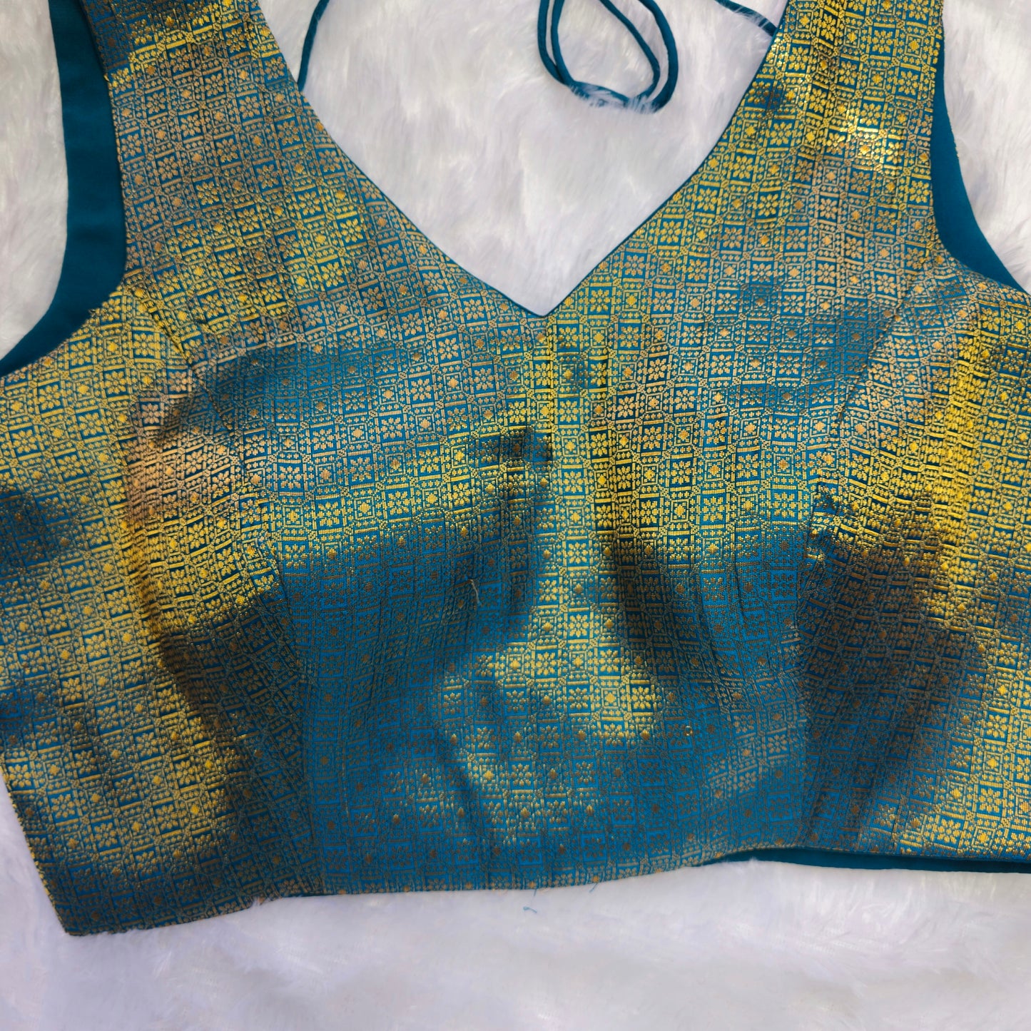 Turquoise With Gold Zari Brocade Sleeveless Blouse