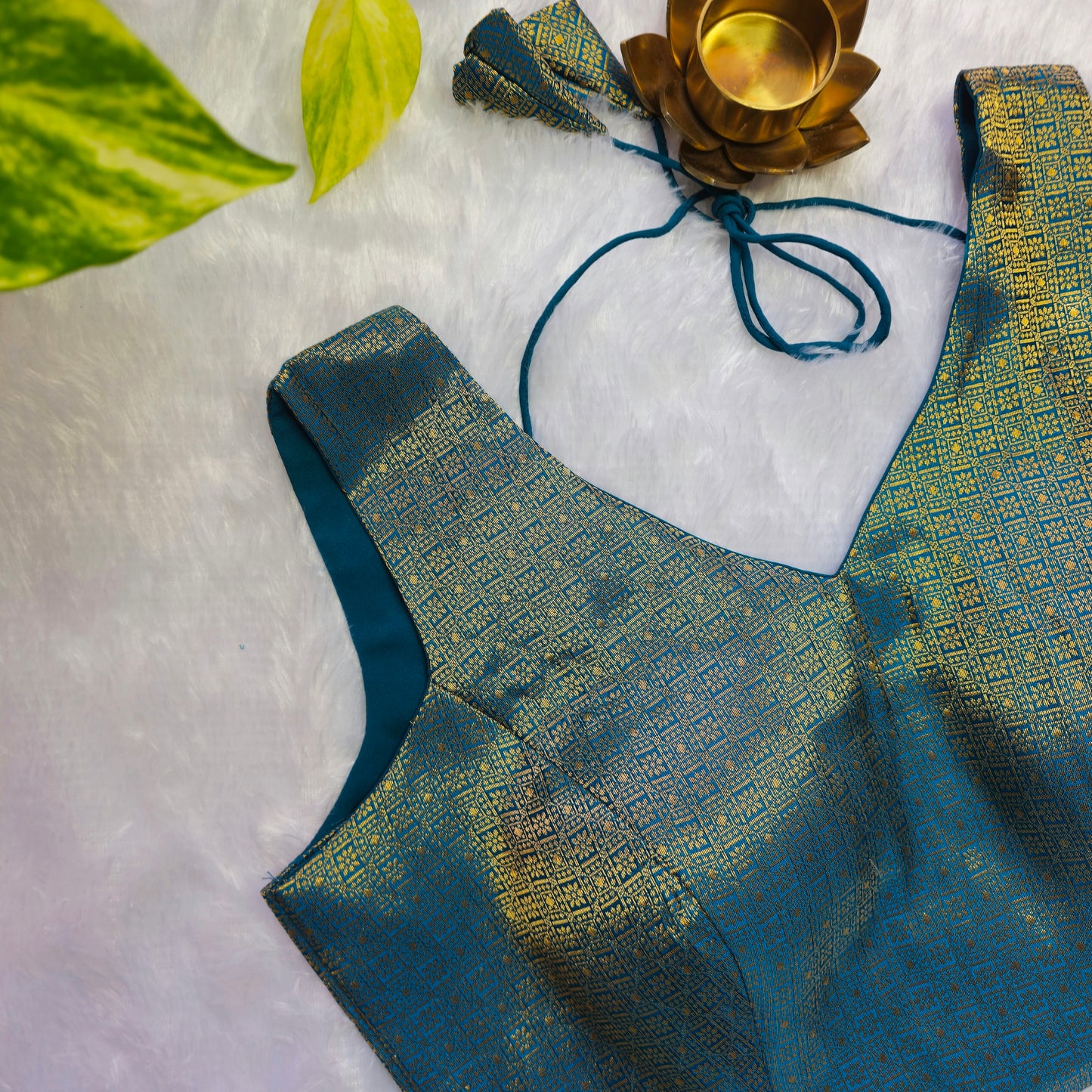 Turquoise With Gold Zari Brocade Sleeveless Blouse