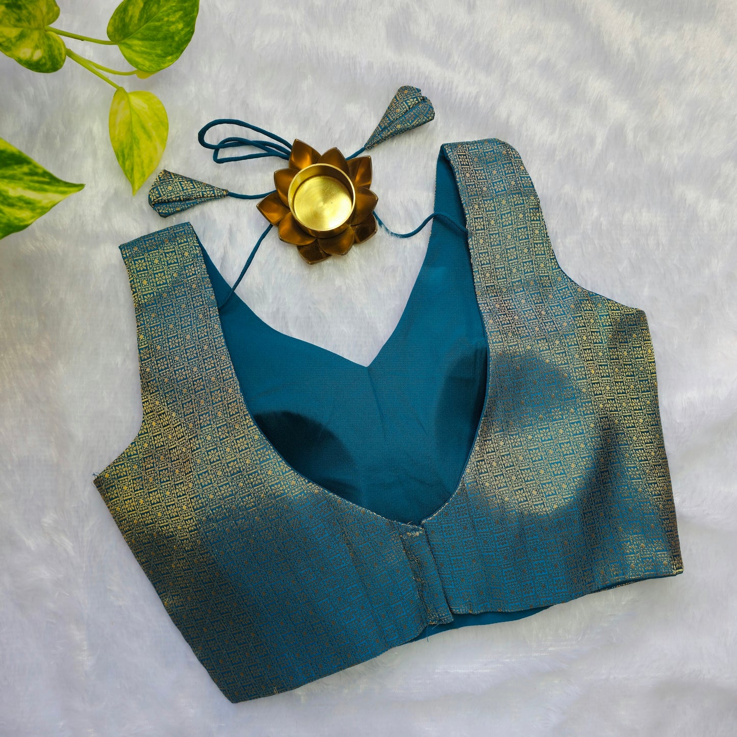 Turquoise With Gold Zari Brocade Sleeveless Blouse