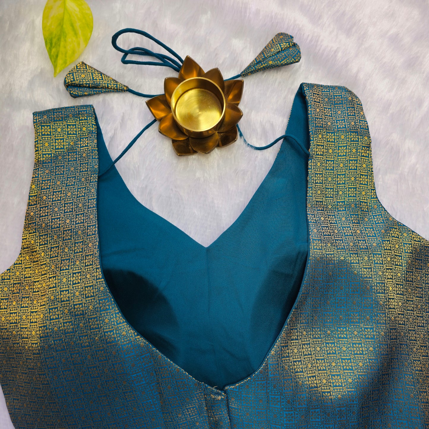 Turquoise With Gold Zari Brocade Sleeveless Blouse