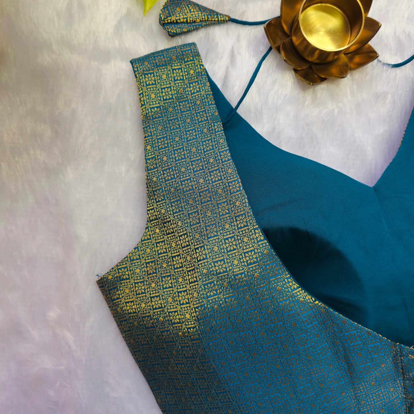 Turquoise With Gold Zari Brocade Sleeveless Blouse