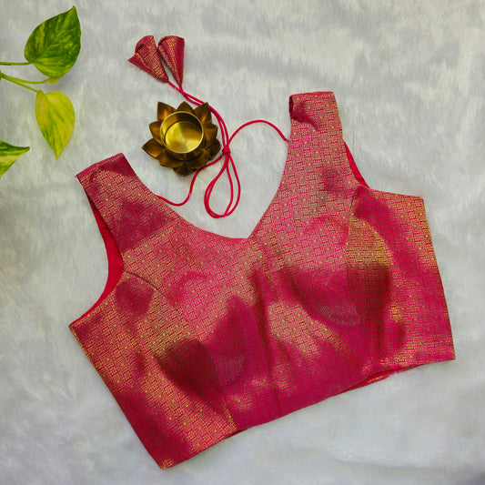 Pink With Gold Zari Brocade Sleeveless Blouse