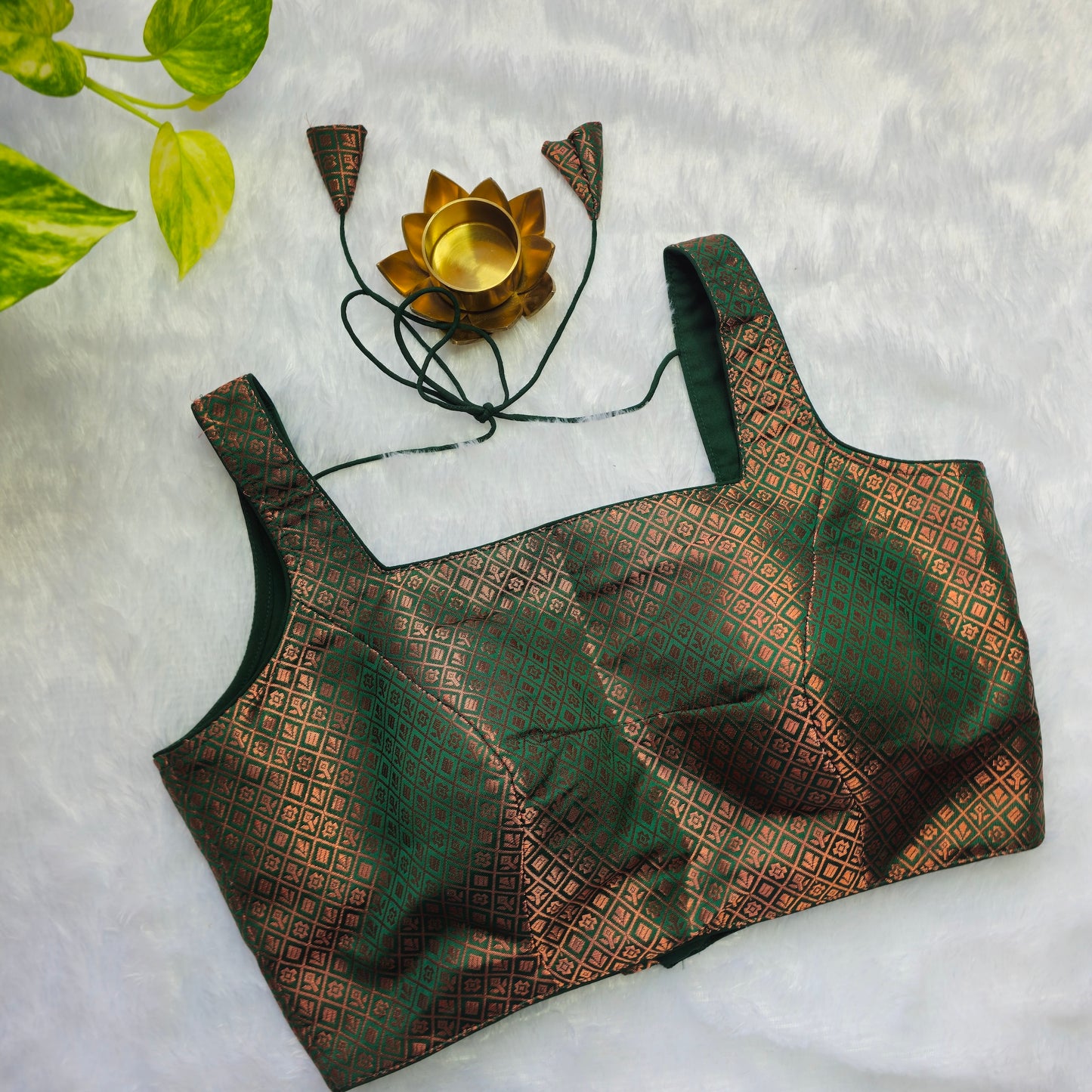 Green With Copper Zari Brocade Sleeveless Blouse