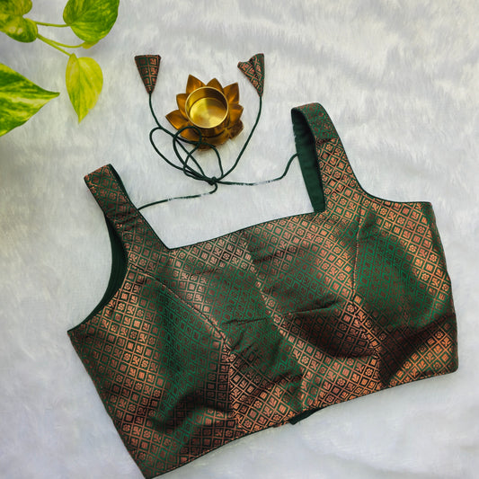 Green With Copper Zari Brocade Sleeveless Blouse