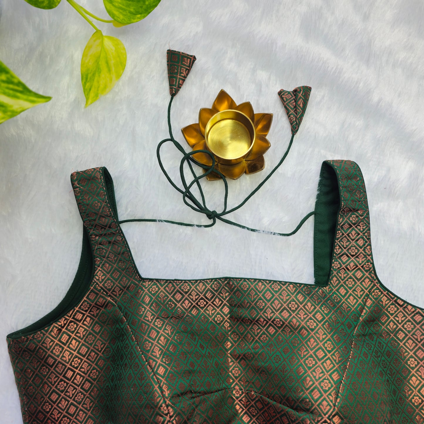 Green With Copper Zari Brocade Sleeveless Blouse