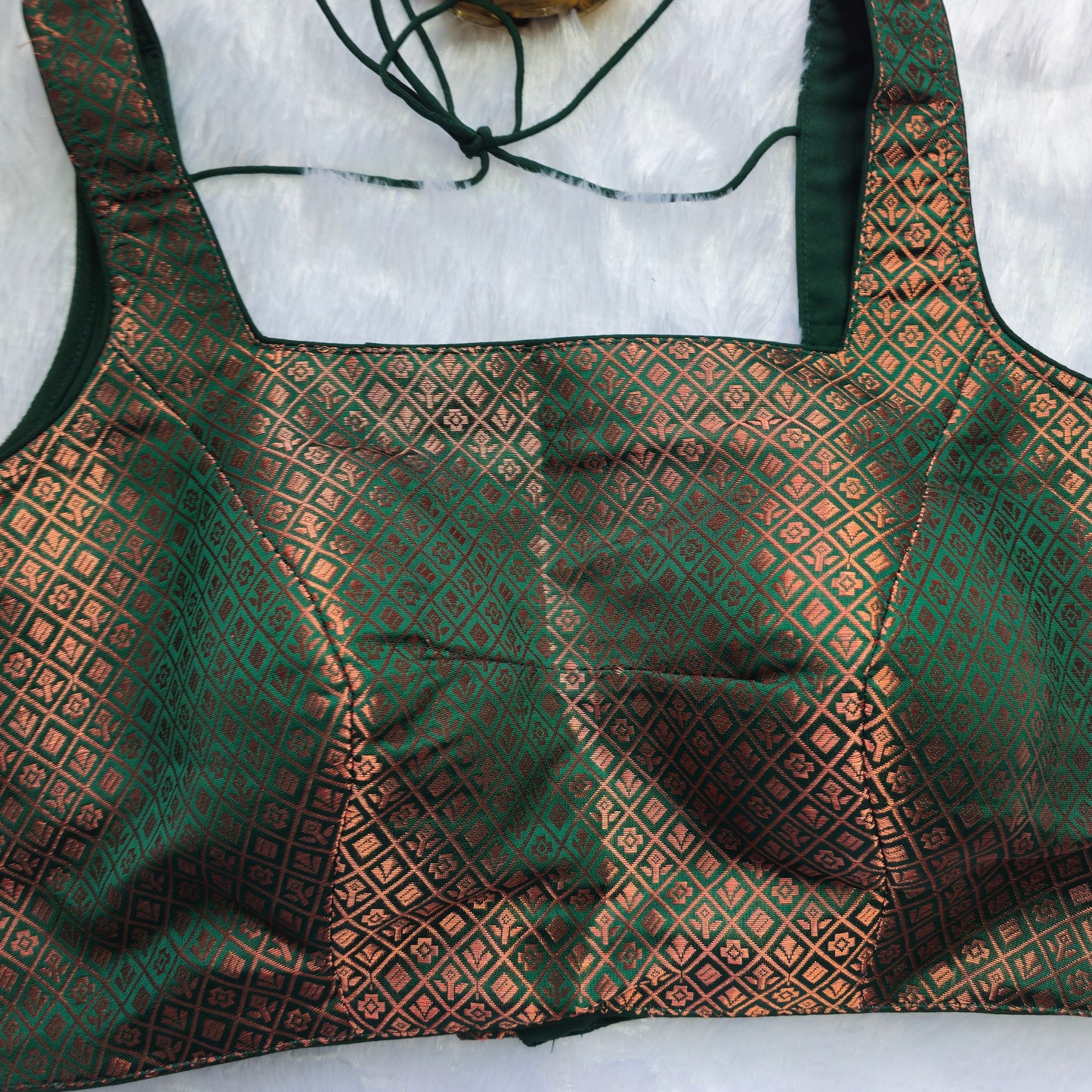 Green With Copper Zari Brocade Sleeveless Blouse