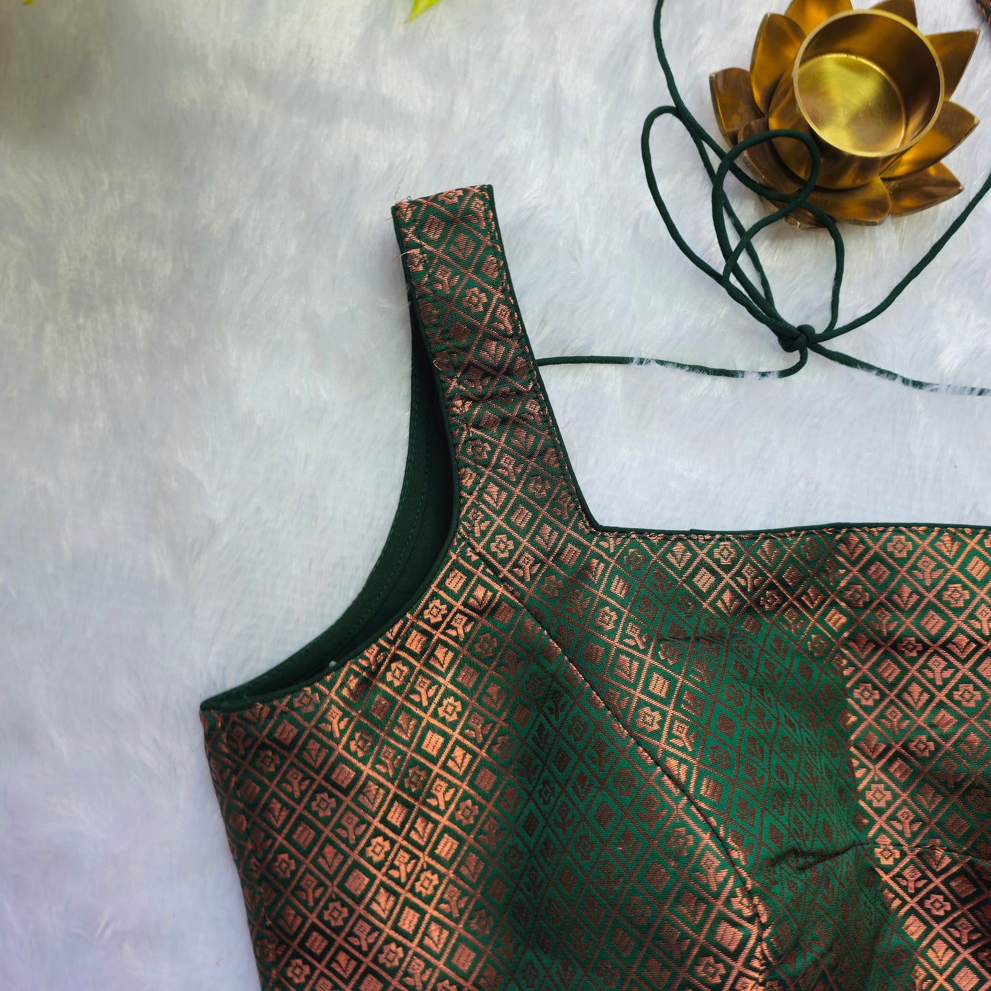 Green With Copper Zari Brocade Sleeveless Blouse