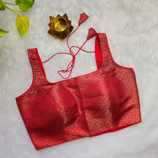 Red Copper Zari Brocade Sleeveless Blouse