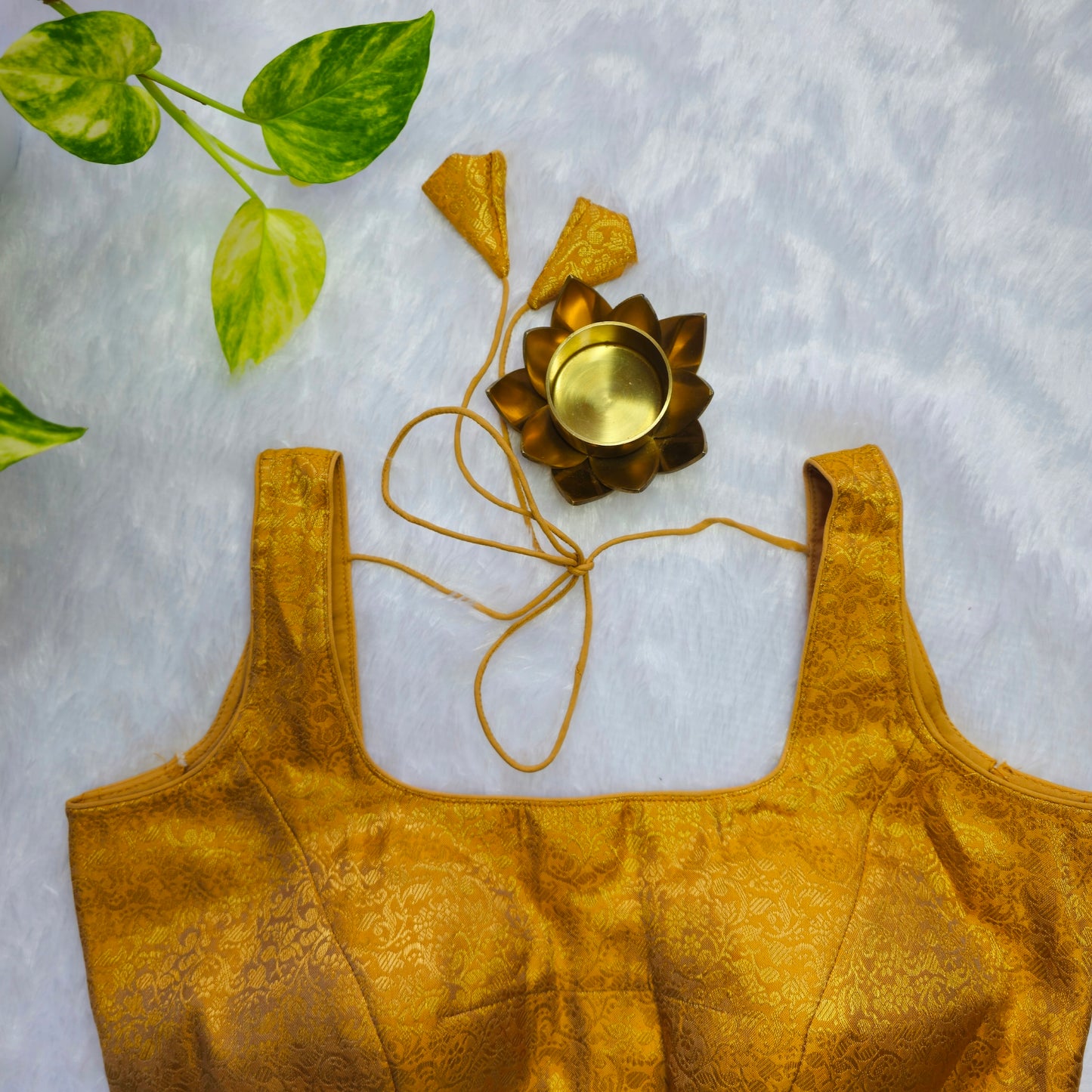 Brownish Gold Brocade Sleeveless Blouse