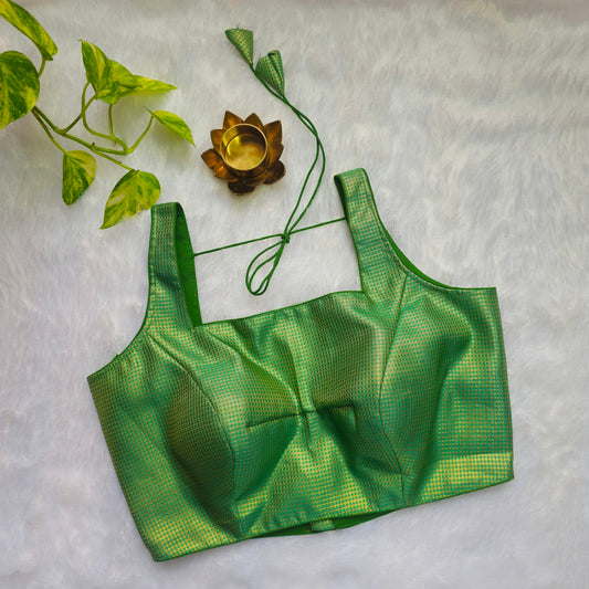 Green With Gold Zari Brocade Sleeveless Blouse