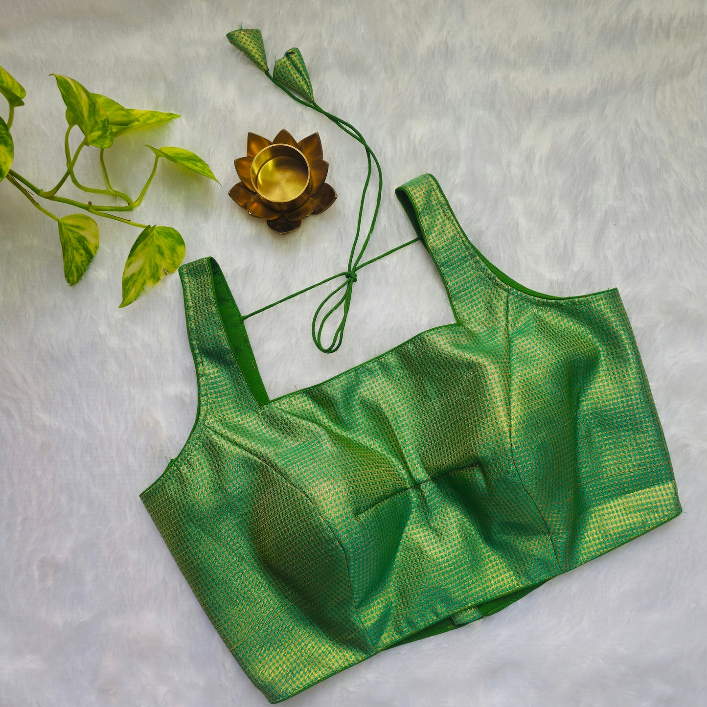 Green With Gold Zari Brocade Sleeveless Blouse