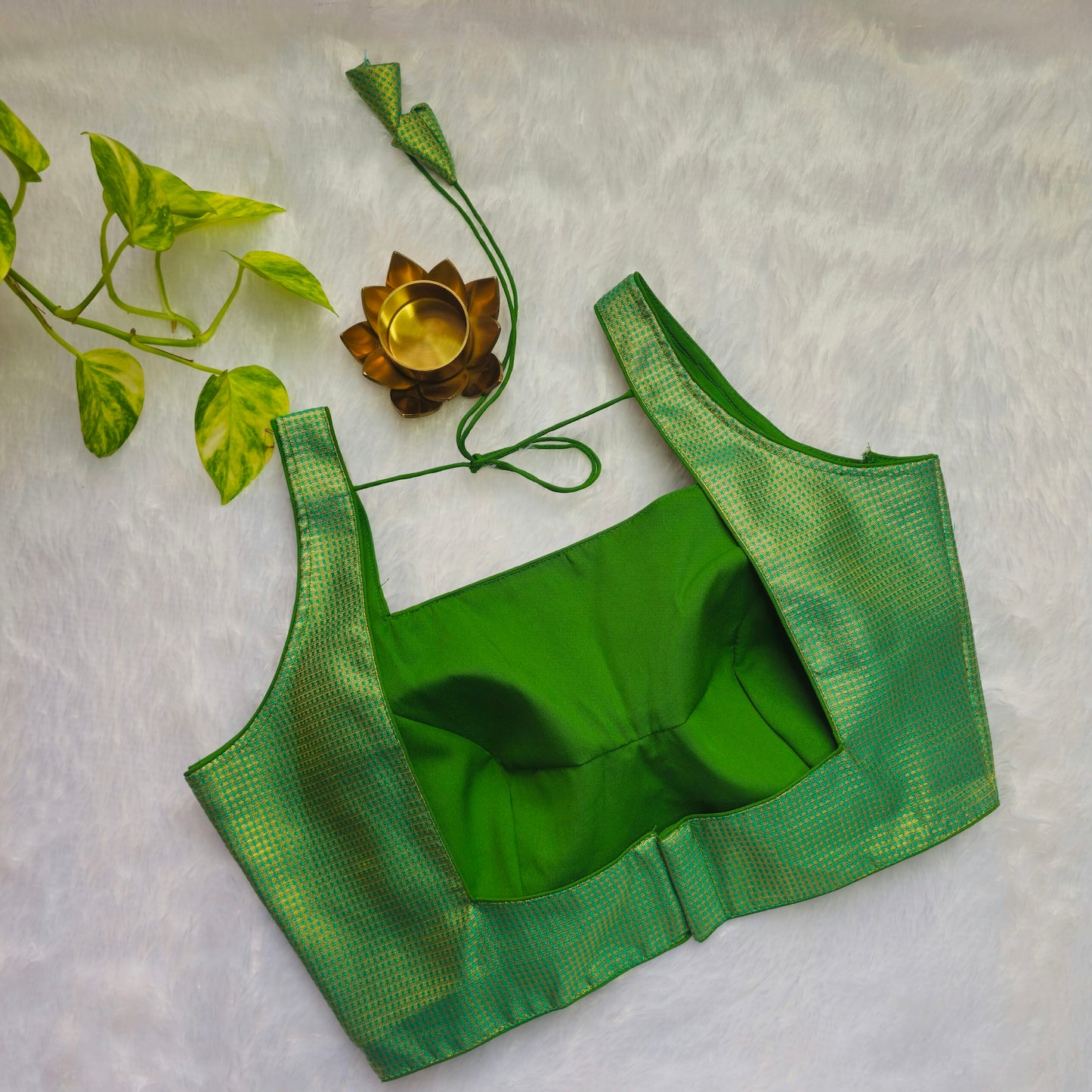 Green With Gold Zari Brocade Sleeveless Blouse