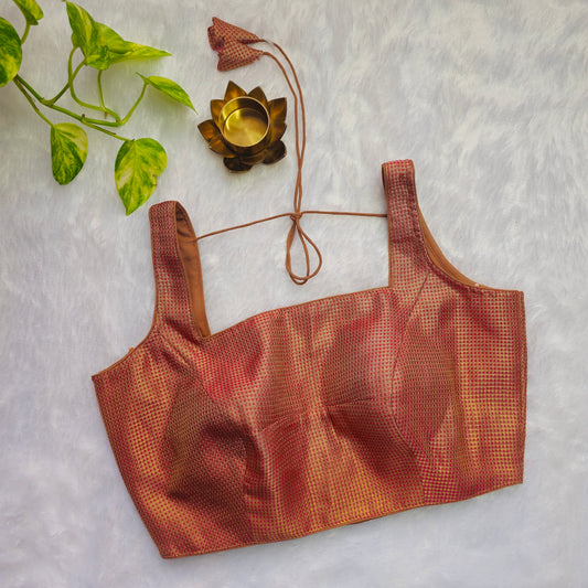 Red With Gold Zari Brocade Sleeveless Blouse