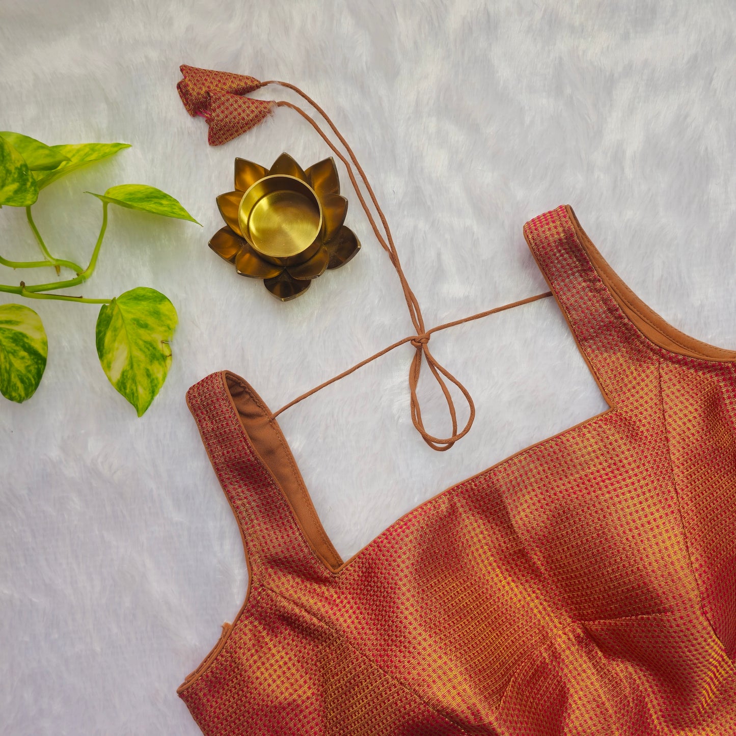 Red With Gold Zari Brocade Sleeveless Blouse