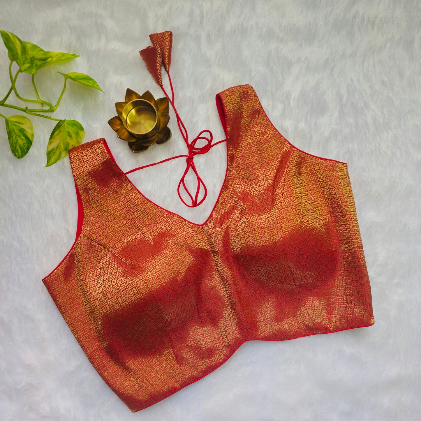 Red With Gold Zari Brocade Sleeveless Blouse