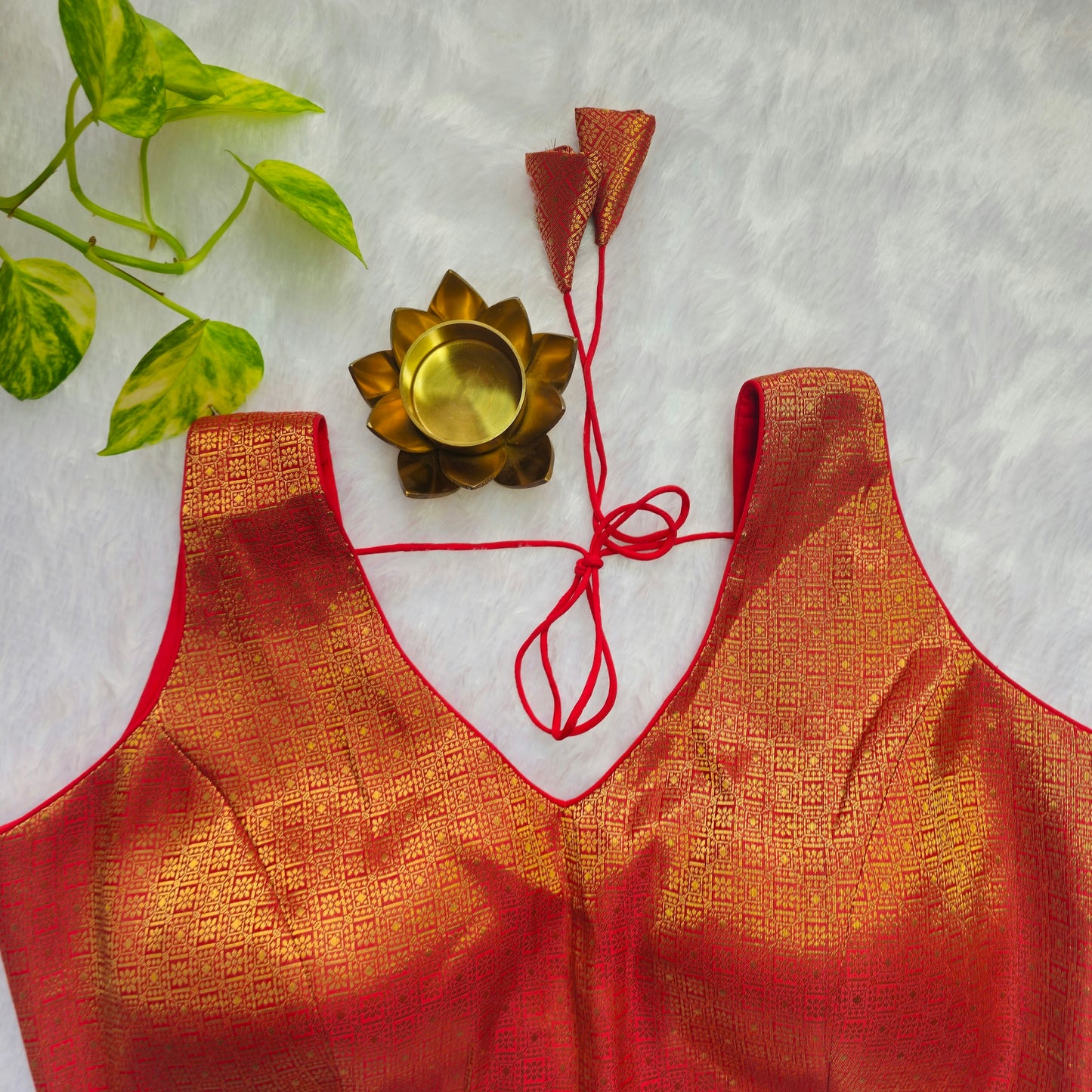 Red With Gold Zari Brocade Sleeveless Blouse