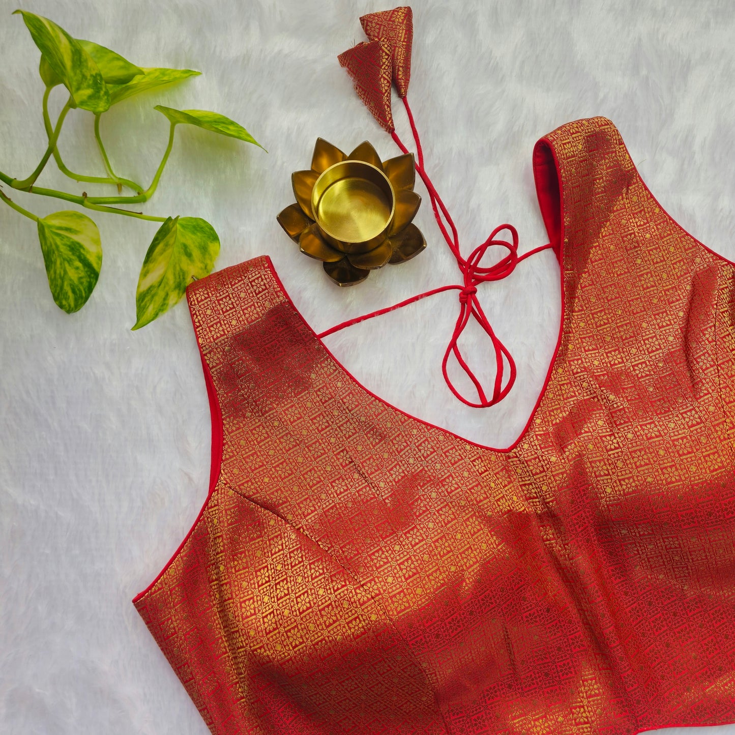 Red With Gold Zari Brocade Sleeveless Blouse